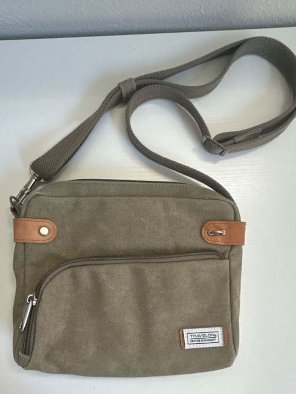Travelon Anti-Theft Heritage Crossbody Bag Sage Green Canvas Suede Trim